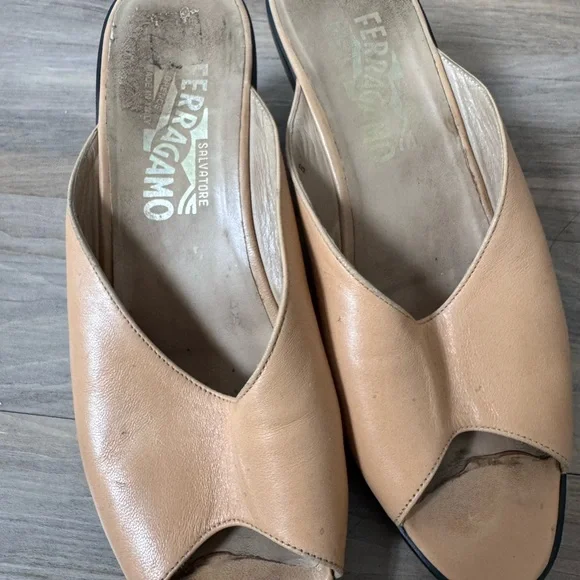 Salvatore Ferragamo Tan Peep-Toe Mules - Picture 5 of 5